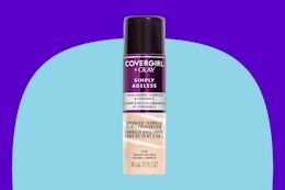 CoverGirl & Olay Simply Ageless 3-in-1 Liquid Foundation on a blue background.