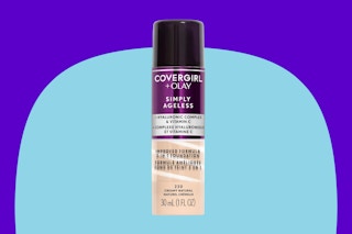 CoverGirl & Olay Simply Ageless 3-in-1 Liquid Foundation on a blue background.