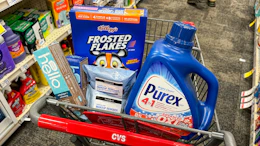 hello toothpaste, frosted flakes cereal, neutrogena wipes, and purex detergent in a cart