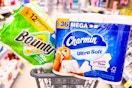 bounty paper towels and charmin toilet paper in a cart