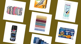 collage showing college dorm room items to stock up on in august 2023