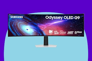Samsung 49" Odyssey OLED (G93SC) Series Curved Gaming Monitor on a blue background.