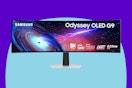 Samsung 49" Odyssey OLED (G93SC) Series Curved Gaming Monitor on a blue background.