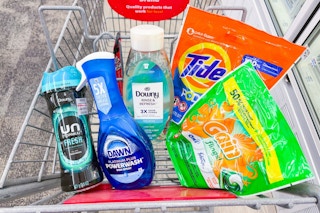 tide pods, gain flings, dawn powerwash, downy unstoppables and fabric rinse in a cart