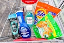 tide pods, gain flings, dawn powerwash, downy unstoppables and fabric rinse in a cart