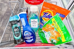 tide pods, gain flings, dawn powerwash, downy unstoppables and fabric rinse in a cart