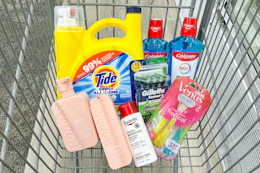 shopping cart with tide, monday, eucerin, venus, colgate, and gillette products