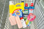 shopping cart with tide, monday, eucerin, venus, colgate, and gillette products