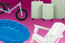 Ozark Trail balance bike, light blue luggage, white adirondack chair, blue kiddie pool