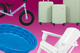 Ozark Trail balance bike, light blue luggage, white adirondack chair, blue kiddie pool