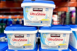 three kirkland costco tubs of dishwasher pods 