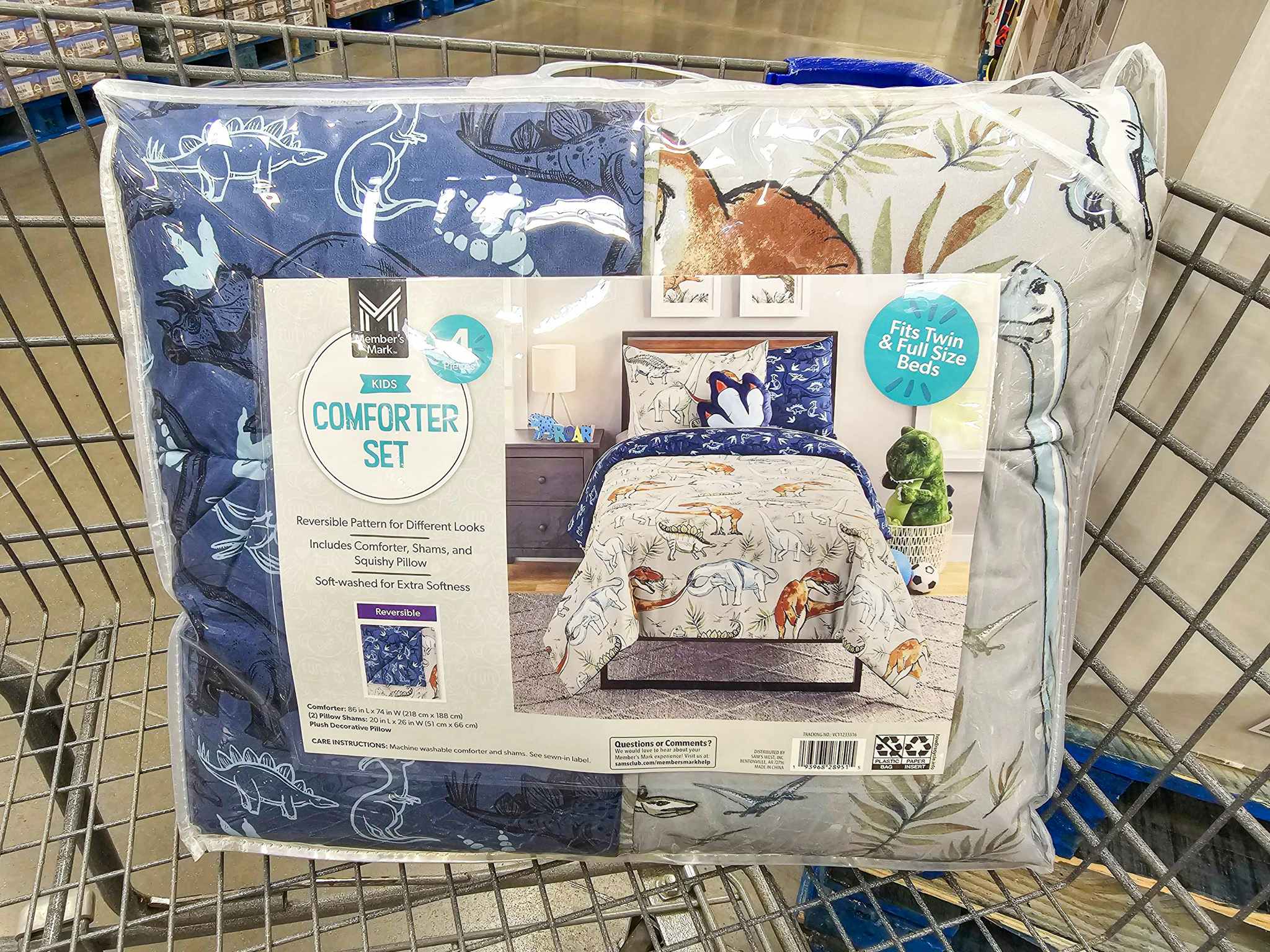 kids 4-piece dinosaur themed comforter set in a cart