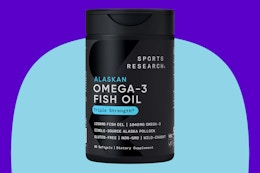 Sports Research Omega 3 fish oil on a blue background.