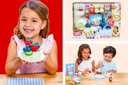 Three photos of the Little Tikes Creative Chefs Bluey Pavlova Kit, with Make-It Mix Play Sand