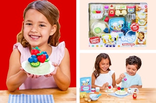 Three photos of the Little Tikes Creative Chefs Bluey Pavlova Kit, with Make-It Mix Play Sand