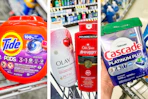 collage image of tide pods, cascade, olay and old spice body wash