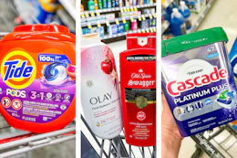 collage image of tide pods, cascade, olay and old spice body wash