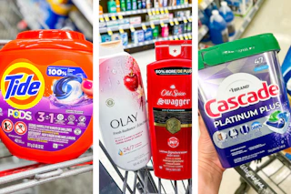 collage image of tide pods, cascade, olay and old spice body wash