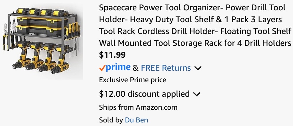 a power tool organizer ending in $11.99