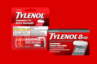 two packs of Tylenol on a red background 