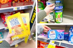 dollar general wheat thins, mr. clean, suavitel 3-photo collage