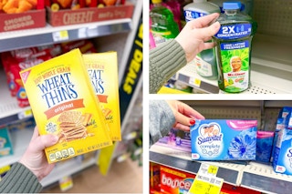 dollar general wheat thins, mr. clean, suavitel 3-photo collage