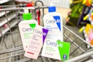 cerave cleanser, lotion, eye cream, and bar soap in a cart