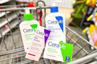 cerave cleanser, lotion, eye cream, and bar soap in a cart