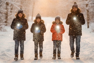a family walking with flashlights