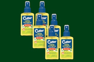 Six bottles of Cutter Lemon Eucalyptus Insect Repellent, DEET-free on a pine green background