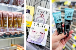 collage image of loreal foundation, olay skincare, and maybelline primer