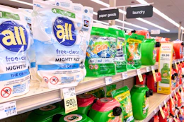 laundry detergent aisle with all, gain, and tide detergents