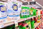laundry detergent aisle with all, gain, and tide detergents