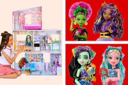 Monster High dolls and a Rainbow High dollhouse