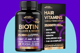 Biotin collagen hair supplement  on a blue background.