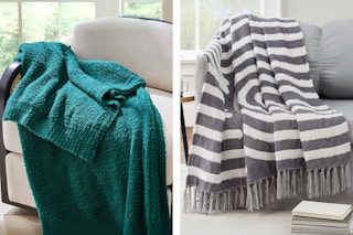Two lifestyle images of Better Homes & Gardens Throw Blankets draped over furniture