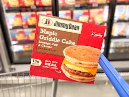 a box of jimmy dean griddle cakes on walmart cart in freezer aisle