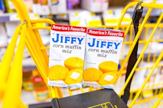 jiffy corn muffin mix in yellow shopping cart