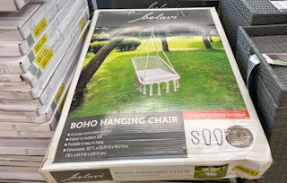 hanging chair in a box on a shelf at aldi