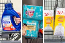 collage image of purex detergent, pampers diapers, and walgreens trash bags