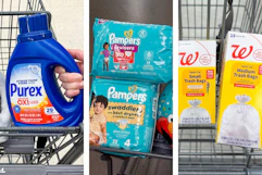 collage image of purex detergent, pampers diapers, and walgreens trash bags
