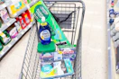 home cleaning products in a walgreens shopping cart