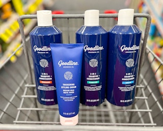 various Goodline shampoo/conditioner and styling cream bottles in shopping cart