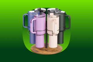 A Stanley cup organizer that holds five 40-ounce cups or bottles. The base is wood-grain and the holders are black.