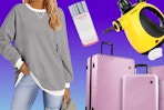 women's gray sweatshirt, pink luggage set, clinique, steamer