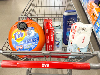 tide pods, colgate toothpaste, degree deodorant, nivea body wash, and huggies wipes in a cart