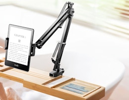 a tablet holder holding a Kindle 