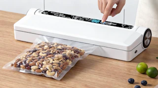 a vacuum sealer sealing a bag of mixed nuts