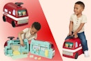 Three lifestyle photos of the Radio Flyer Ride & Play Camper Playset