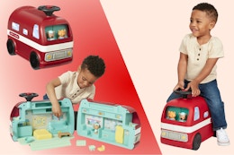 Three lifestyle photos of the Radio Flyer Ride & Play Camper Playset